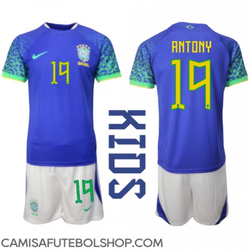 Camisa de time de futebol Brasil Antony #19 Replicas 2º Equipamento Infantil Mundo 2022 Manga Curta (+ Calças curtas)